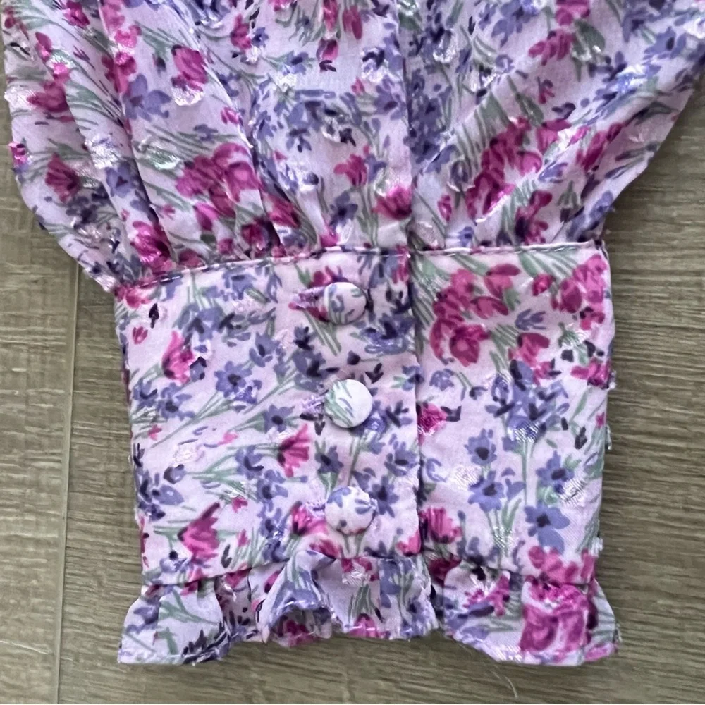 Zara Dress XS Mini Purple Floral Ruched‎ Chiffon Balloon Sleeves Elasticated - Picture 8 of 14